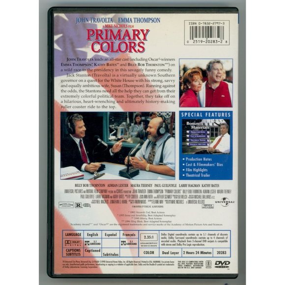 PRIMARY COLORS on DVD, John Travolta, Emma Thompson, ©1998, Universal, Rated R - Picture 2 of 2
